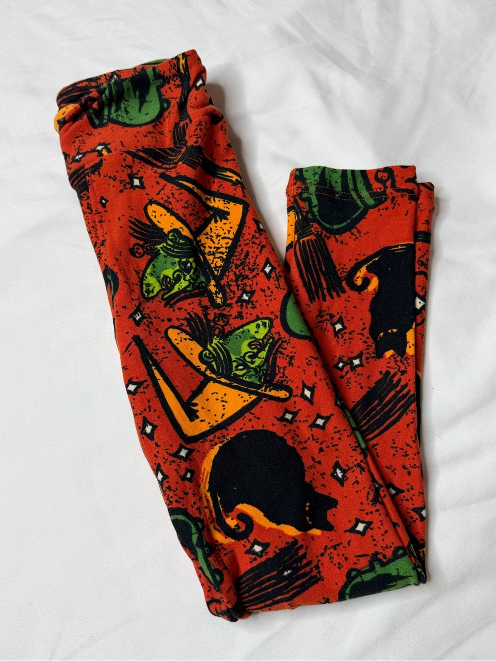 LuLaRoe SM Kids Orange Halloween Leggings with Green & Black Fits Size 2-7